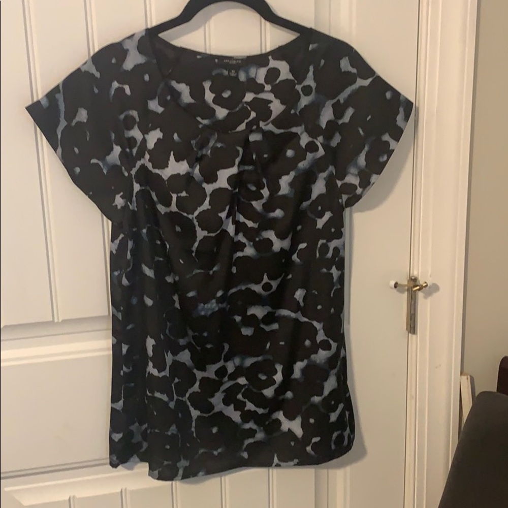 Silky Blue and Black Patterned Ann Taylor Blouse